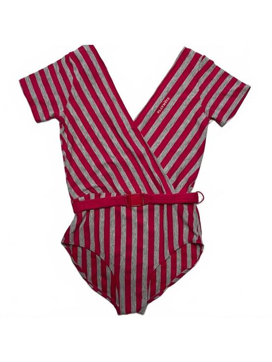 Playboy Tops - Vtg 80s Playboy Playmate Striped Bodysuit Large Belted Plunge V Neck Leotard